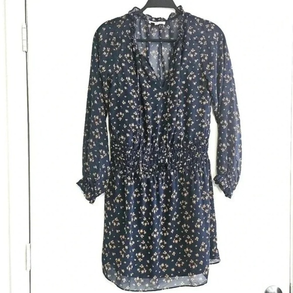 Socialite Blue Womans‎ Ditsy Floral Smocked Waist Ruffle Chiffon Mini Dress